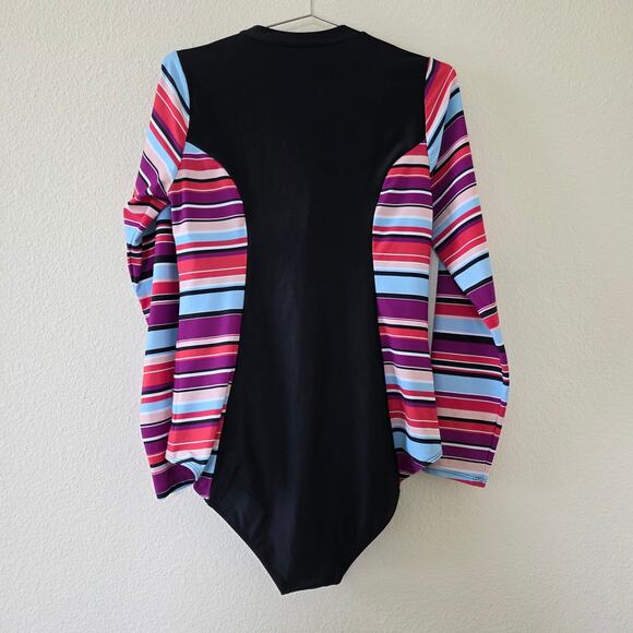 Torrid One Piece Rash Guard Swimsuit Black Multicolor Stripe Women Size 0 Zip - Picture 6 of 12